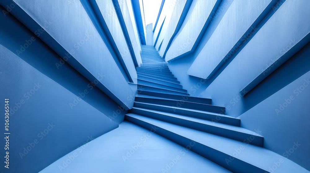 Fototapeta premium Blue stairway leading upward with geometric angles and sunlight illuminating the interior at an art installation