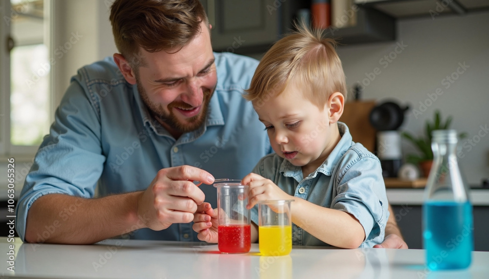Celebrating Father's Day with a fun science experiment at home, creating colorful reactions together Celebrating Father's Day with a fun science experiment at home, creating colorful reactions together