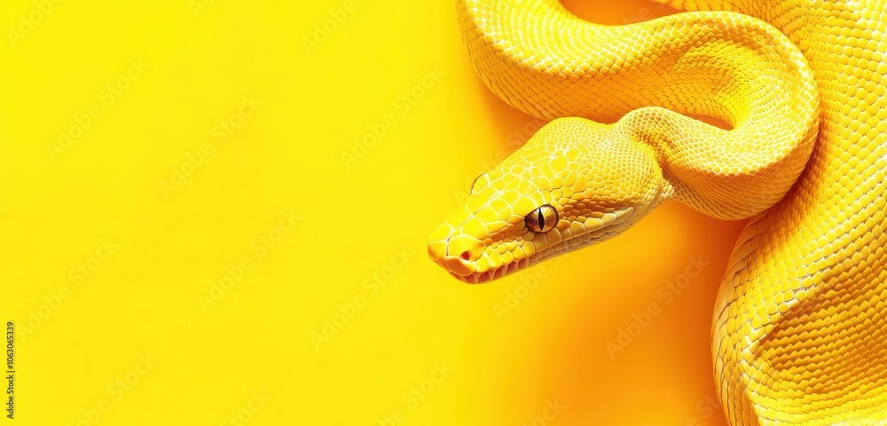 Fototapeta premium Create a stock photo featuring a yellow snake against a bright yellow background, providing ample copy space for a zoo or pet shop banner.