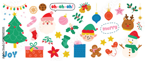 Set of decorative christmas element vector illustration. Collection of Christmas tree, ornaments, lights, wreaths, reindeer, gifts, bauble ball. Design for sticker, card, poster, invitation, greeting.