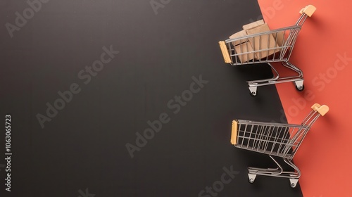 Two shopping carts sidebyside, one filled with premium items, the other with budget items photo