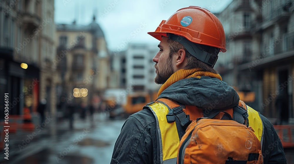 A construction worker in a hardhat and safety vest stands on a city street, looking towards a blurred background of buildings and people. A construction worker in a hardhat and safety vest stands on a city street, looking towards a blurred background of buildings and people.