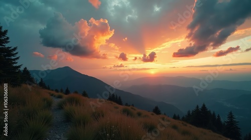 Sunset Landscape with Mountain Peaks, Rocky Ground, and Sunlit Clouds