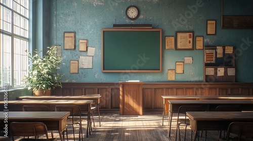 Classroom Interior Vintage Wooden Lecture Wooden Chairs and Desks 