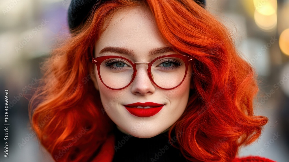 Portrait of a woman with bright red hair and red glasses Portrait of a woman with bright red hair and red glasses