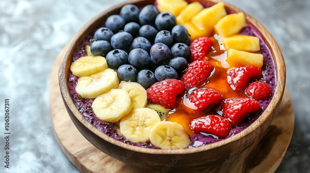 Açaà bowl topped with fresh fruit, nuts, and chia seeds, a delicious and healthy breakfast option. Açaà bowl topped with fresh fruit, nuts, and chia seeds, a delicious and healthy breakfast option.