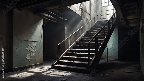 Old factory staircase covered in peeling paint and dust, leading into darkness with only faint light from above casting ominous shadows. photo