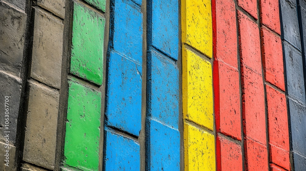 Colorful painted brick wall in red, blue, green, and yellow Colorful painted brick wall in red, blue, green, and yellow