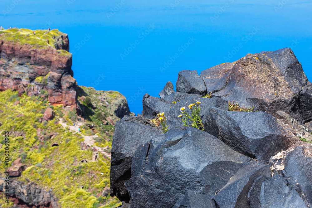 Santorini volcanic stone rock and caldera, Greece Santorini volcanic stone rock and caldera, Greece