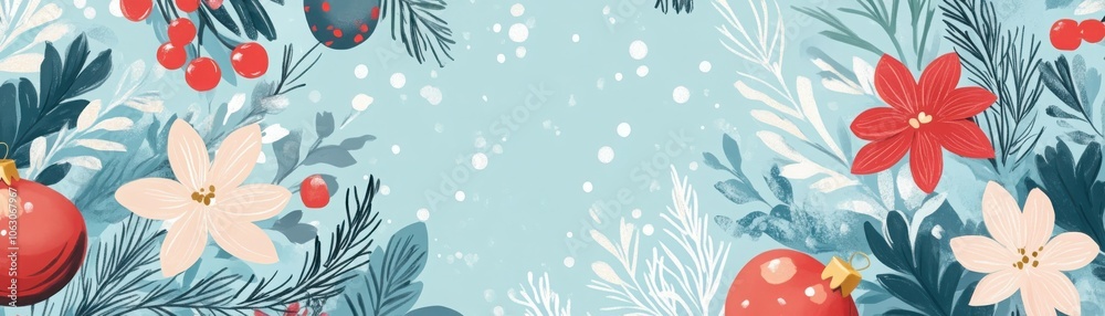 Elegant christmas ornaments featuring floral patterns on a serene flat festive background Elegant christmas ornaments featuring floral patterns on a serene flat festive background