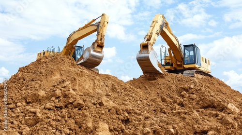 Excavators working on dirt mound, blue sky