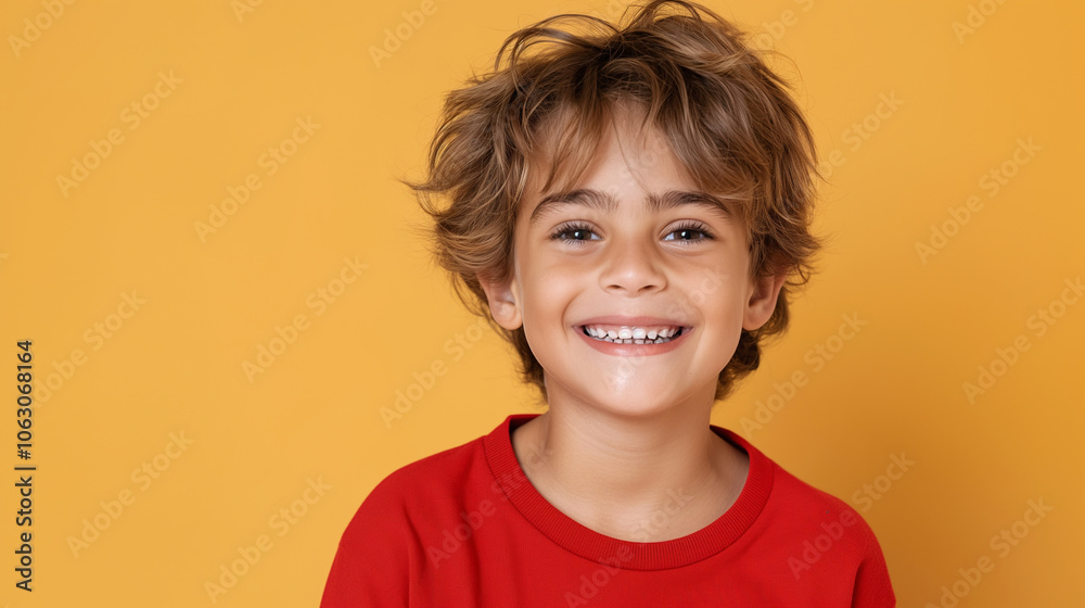Smiling Child Wearing a Red Shirt Against a Vibrant Yellow Background Full of Joy and Happiness Smiling Child Wearing a Red Shirt Against a Vibrant Yellow Background Full of Joy and Happiness
