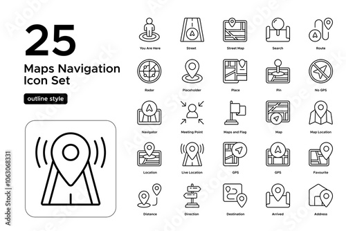 Maps Navigation Outline Icon Set: Location Guides, Wayfinding, and Journey Icons