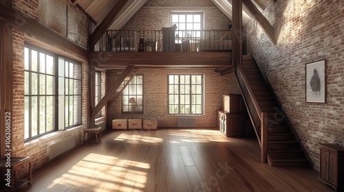 3D illustration mockup of traditional loft room interior with brick wall