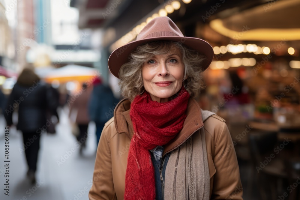 Portrait of senior woman in hat and scarf walking at street market Portrait of senior woman in hat and scarf walking at street market