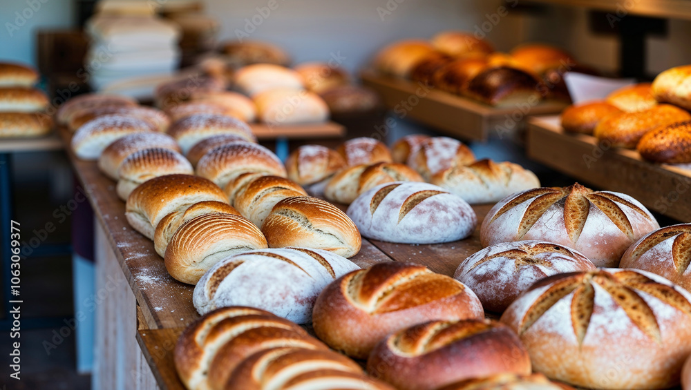 A table full of bread with a variety of shapes and sizes A table full of bread with a variety of shapes and sizes