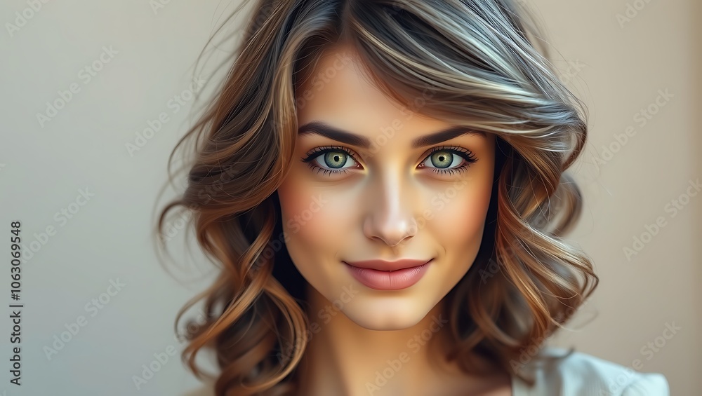 Naklejka premium A beautiful European girl with soft curly hair wearing a simple outfit