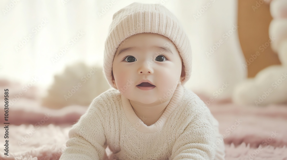 A baby girl with big brown eyes looks at the camera while wearing a pink knitted hat. A baby girl with big brown eyes looks at the camera while wearing a pink knitted hat.