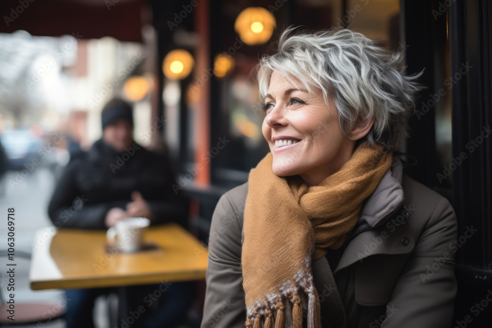 Portrait of a smiling senior woman sitting in a coffee shop, looking at the camera. Portrait of a smiling senior woman sitting in a coffee shop, looking at the camera.