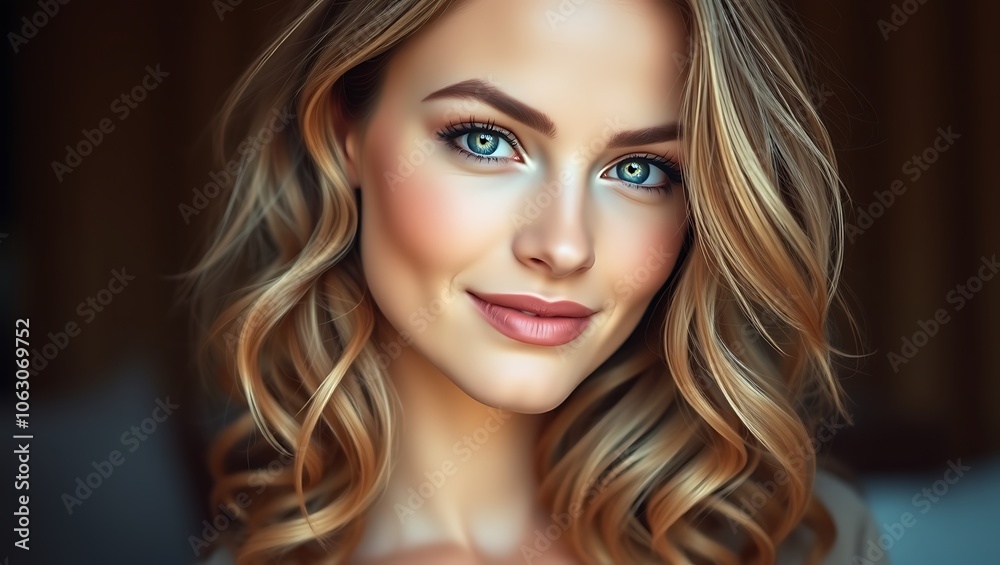 Fototapeta premium A beautiful European girl with soft curly hair wearing a simple outfit