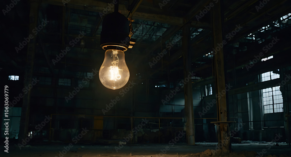 A lone, broken light bulb hanging from the ceiling in a dark, abandoned factory, casting faint shadows over dusty machinery and cracked concrete floors. A lone, broken light bulb hanging from the ceiling in a dark, abandoned factory, casting faint shadows over dusty machinery and cracked concrete floors.