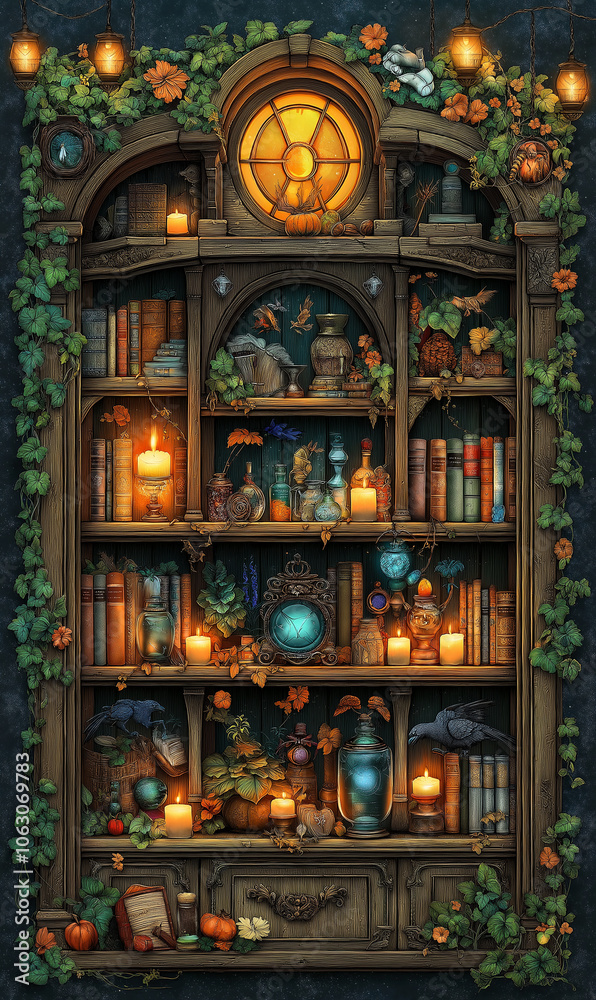 Obraz premium A magical library with shelves full of spellbooks and elixirs