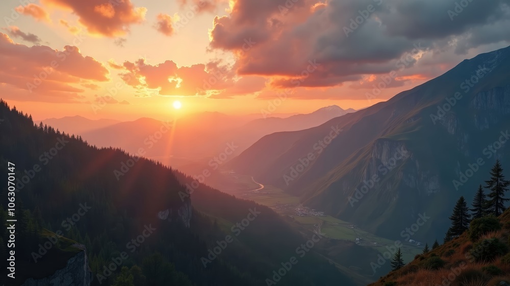 Idyllic Mountain Sunset with Grass, Rocks, and Sun Rays Through Clouds Idyllic Mountain Sunset with Grass, Rocks, and Sun Rays Through Clouds
