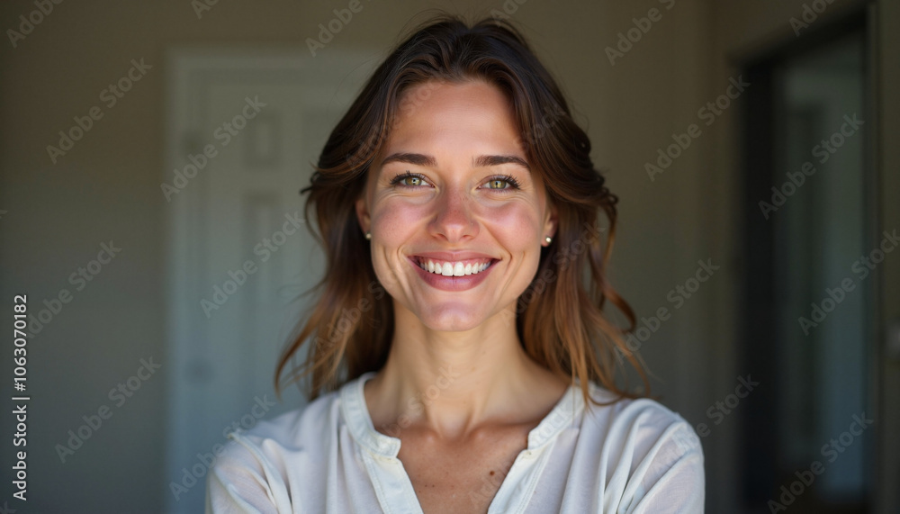 A joyful woman smiling warmly in a serene indoor space, radiating positivity and hope for mental well-being