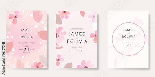 Elegant wedding invitation card background vector. Minimal hand painted watercolor botanical flowers texture template background. Design illustration for wedding, vip cover, poster, rsvp modern card.