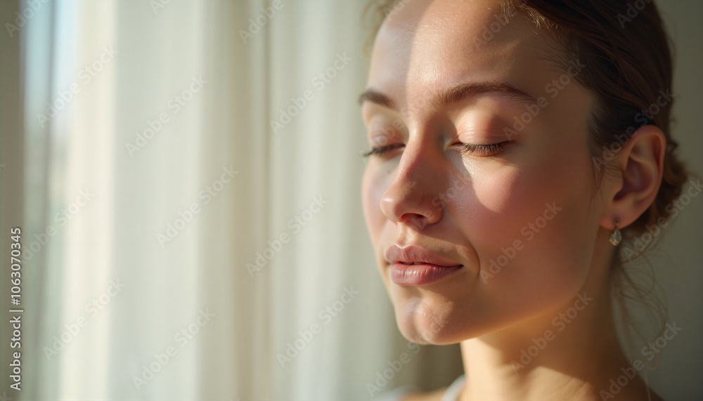 A woman finds tranquility in sunlight as she practices mindfulness and self-care at home during a peaceful afternoon A woman finds tranquility in sunlight as she practices mindfulness and self-care at home during a peaceful afternoon