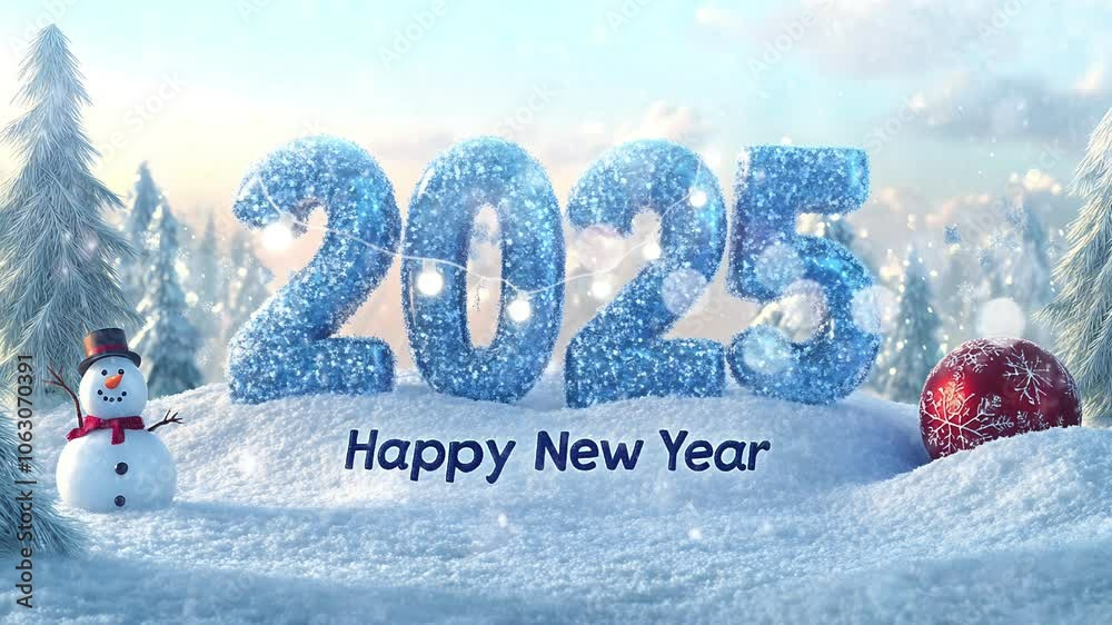 animation 2025 with snowman and christmas balls for decoration happy new year with snowfall decoration background.
