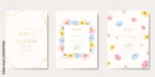 Elegant wedding invitation card background vector. Minimal hand painted watercolor botanical flowers texture template background. Design illustration for wedding, vip cover, poster, rsvp modern card.