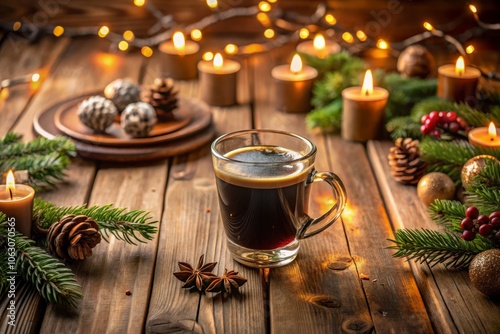 Cozy Winter Morning with Coffee Mug on Wooden Table Surrounded by Festive Decorations and Flickering Candles for a Warm Ambiance in Drone Photography