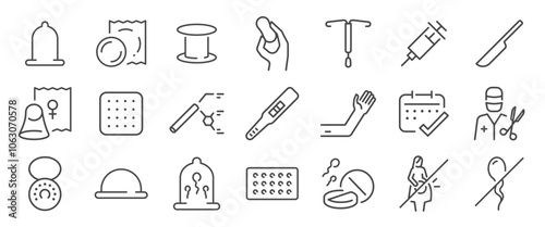 Birth control method icon set. It included contexts such as condoms, pills, injections, hormonal rings, sterilization, contraceptive patches, and more. Editable Vector Stroke.
