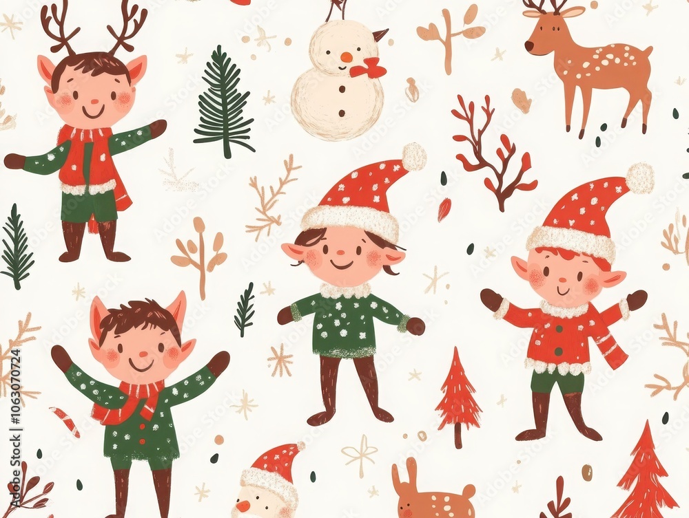 Fototapeta premium Adorable holiday characters featuring elves reindeer and snowmen for festive cheer and joyous celebrations