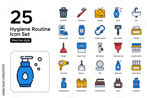 Hygiene Routine Filled Line Icon Set: Cleanliness Habits, Daily Hygiene, and Personal Care Icons
