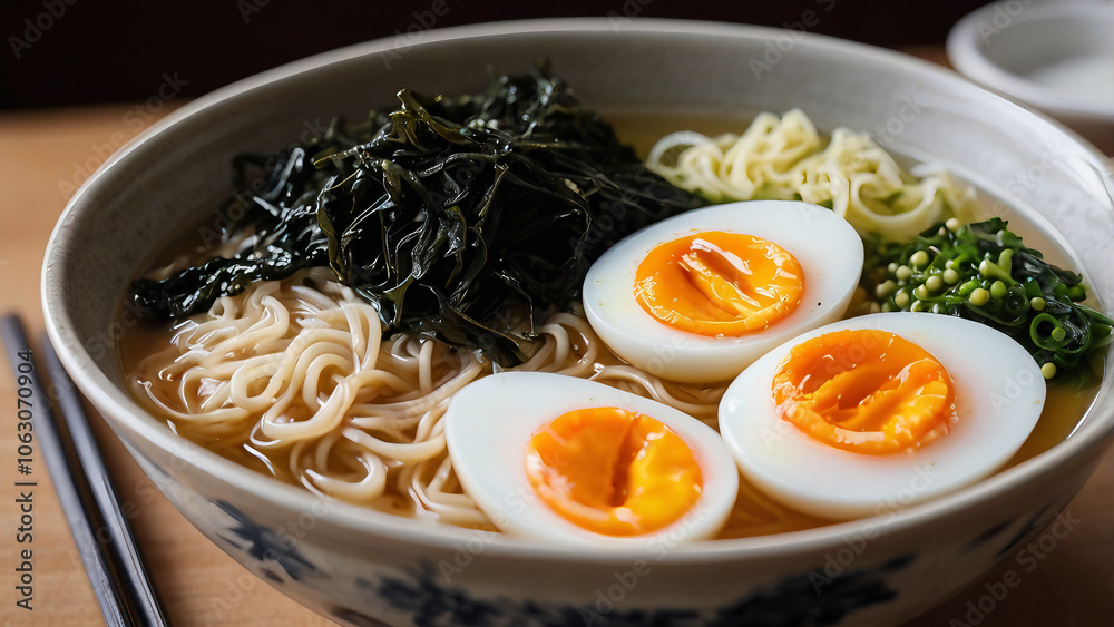 Delicious Bowl of Ramen Noodles with Eggs and Seaweed Delicious Bowl of Ramen Noodles with Eggs and Seaweed