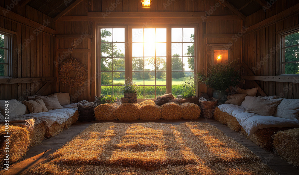 Fototapeta premium Cozy interior of a rustic barn with straw seating. A warm and inviting barn interior features straw bales as seating, bathed in soft golden light from the setting sun.