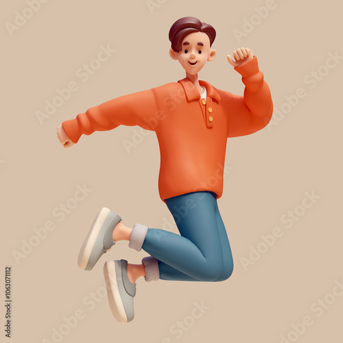 Full length handsome cute kawaii excited asian smiling brunette guy in casual fashion clothes red sweater, blue pants, grey sneakers in jumping victory pose floating in air. 3d render in pastel colors