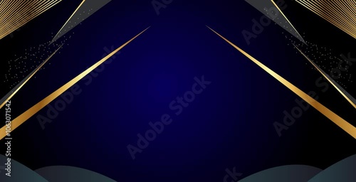 A dark blue background with gold geometric shapes and accents.