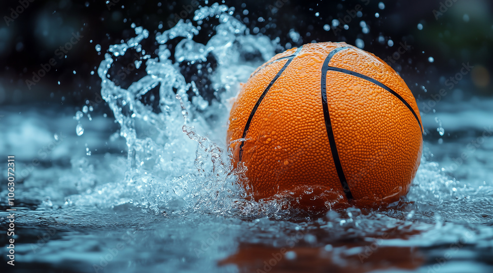 A basketball is floating in the water, splashing with raindrops A basketball is floating in the water, splashing with raindrops