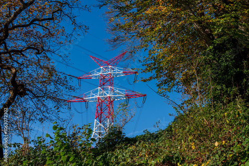 Rot-weiße Hochspannungsmasten vor tiefblauem Himmel im Herbst photo