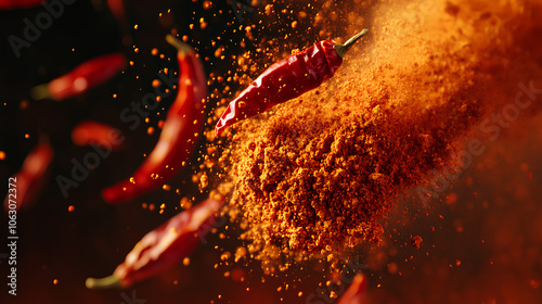 Dried red chili powder flying. Grainy scatterings of spicy burst . Splashes of red pepper powder.Overlay effect chilli or paprika spice splatters.