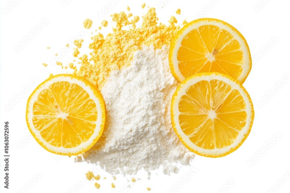 Fresh lemons and powdered sugar arranged beautifully. Ideal for baking and dessert creations. Perfect for food styling and culinary photography. Generative AI