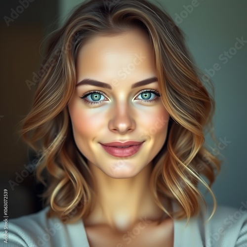 A beautiful European girl with soft curly hair wearing a simple outfit