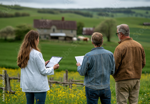 Farm inspection by a team in a lush rural area. A team reviews documents while inspecting a scenic farm landscape on a clear day with green fields.