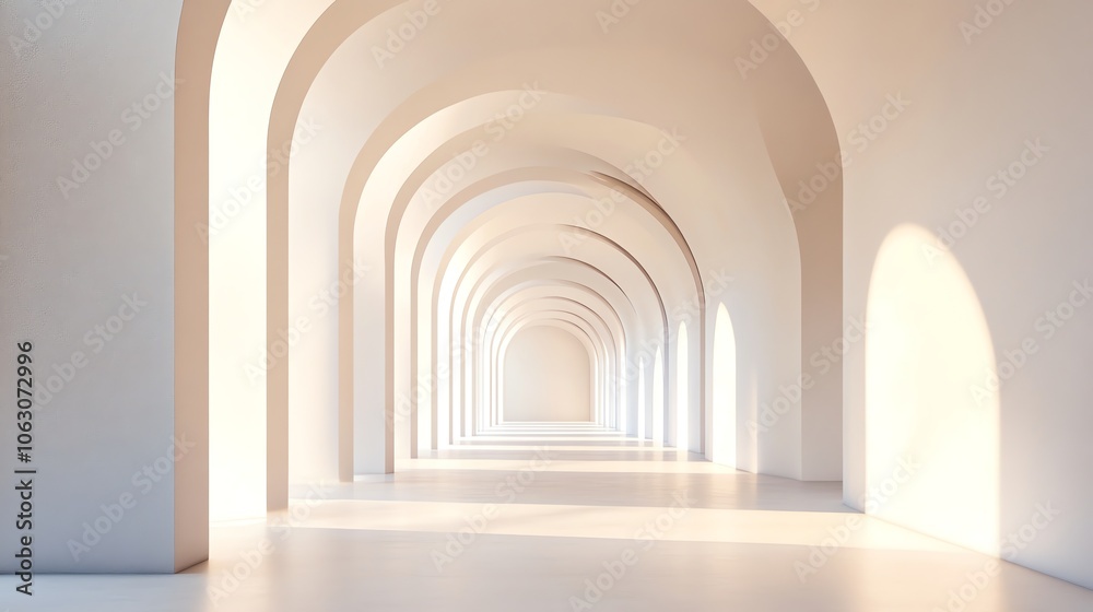 A long white hallway with a series of arches leading to a bright light at the end. A long white hallway with a series of arches leading to a bright light at the end.