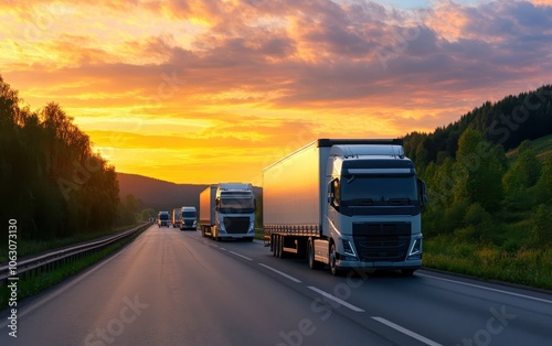 Trucks driving on highway at sunset