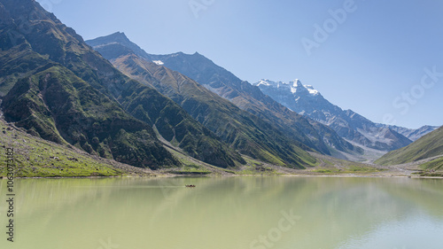 Beautiful landscape view of Saiful Muluk lake and Malika Parbat peak near Naran, Kaghan valley, Khyber Pakhtunkhwa, Pakistan photo