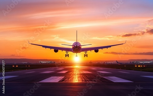 Airplane landing at sunset, dramatic sky